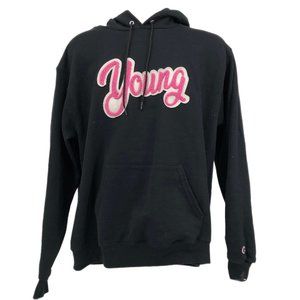 Champion Black & Pink Cotton-Polyester Hoodie | Regular Fit, Size L